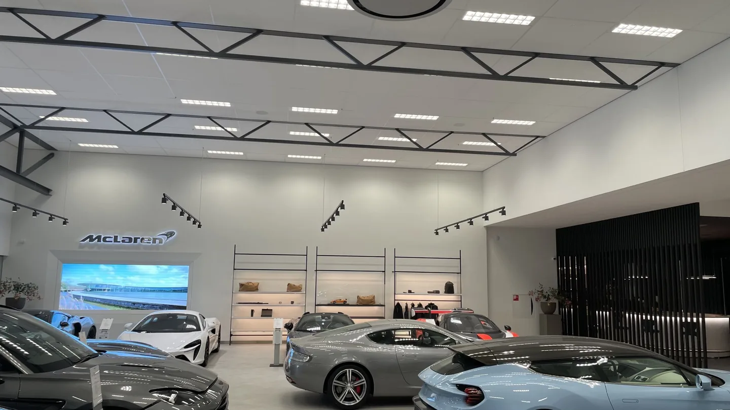 Zakelijke showroom met strak schilderwerk en geïntegreerde verlichting